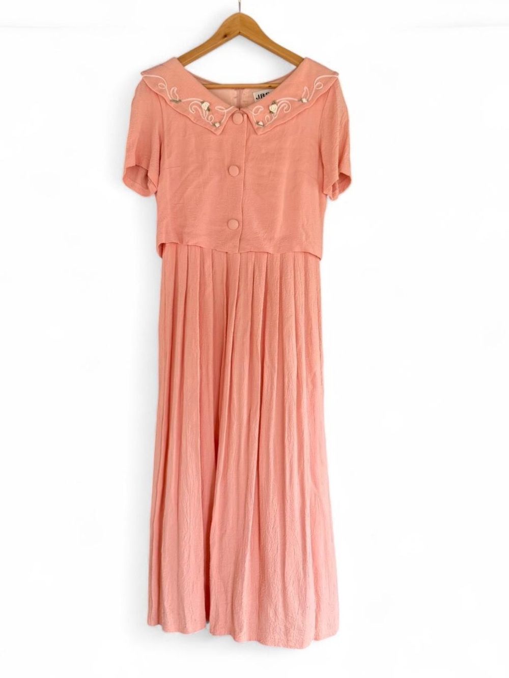 Vintage Peach Midi Dress with Embroidered Collar